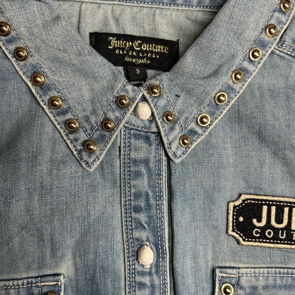 Juicy Couture Studded Collar Denim Jean Shirt Pockets Flap Long Sleeve Small - Picture 2 of 10